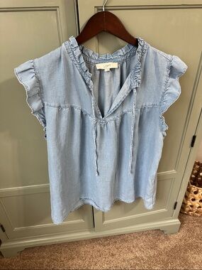 LOFT Light Blue Ruffle Tie-Front Chambray Blouse